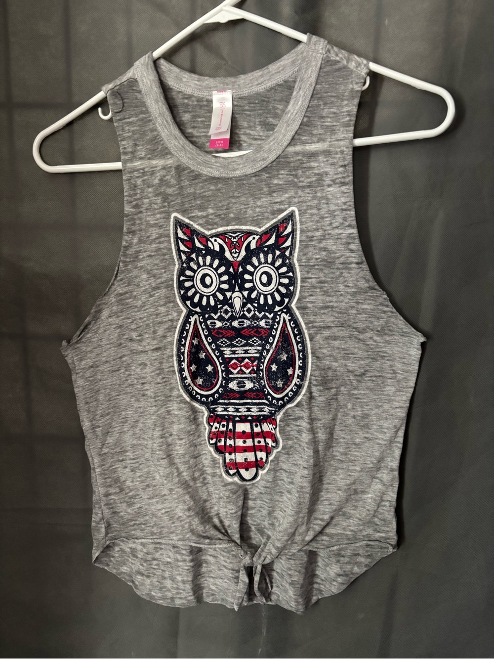 Sheer Burnout Grey Patriotic Owl Tank Tie Front sz XS-S Red Blue White